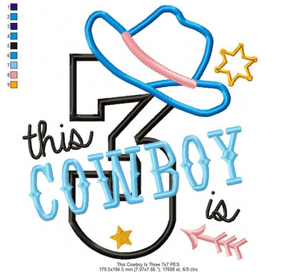 This Cowboy is 3 Three Third Birthday Number 3 - Applique - Machine Embroidery Design