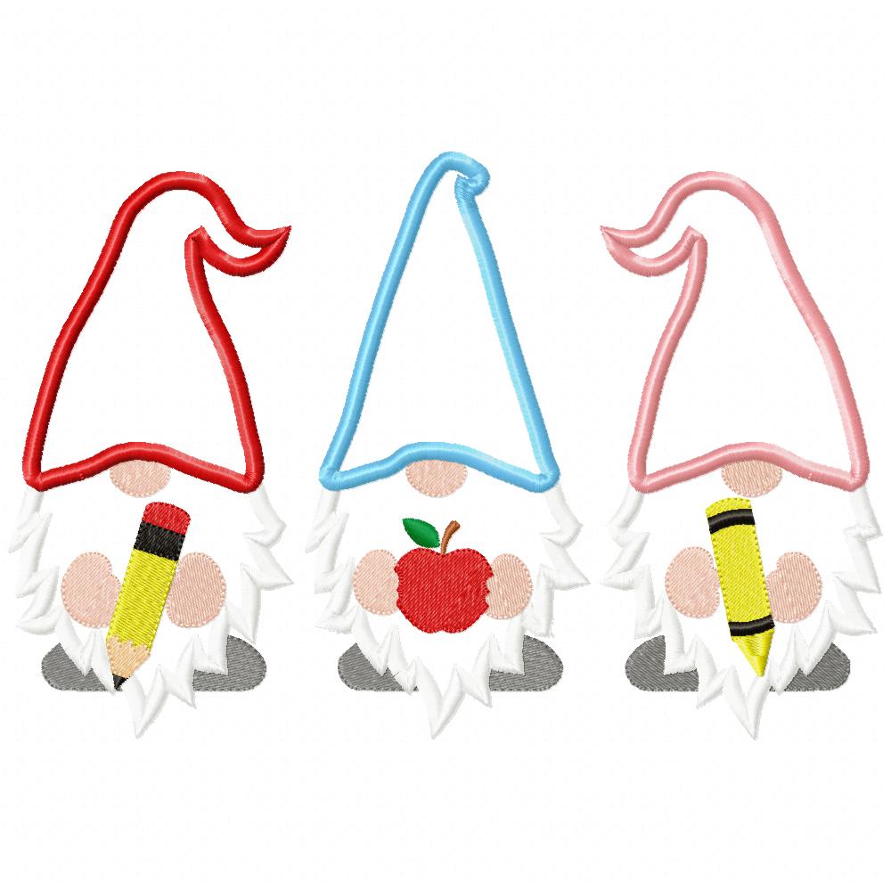 Three Back to School Gnomes - Applique - Machine Embroidery Design