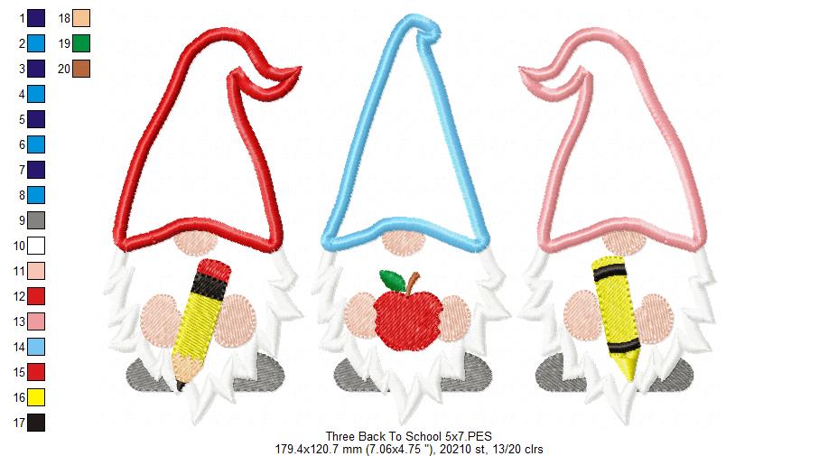 Three Back to School Gnomes - Applique - Machine Embroidery Design