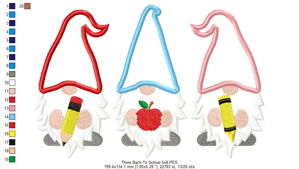 Three Back to School Gnomes - Applique - Machine Embroidery Design