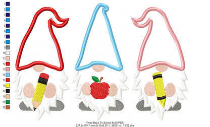 Three Back to School Gnomes - Applique - Machine Embroidery Design