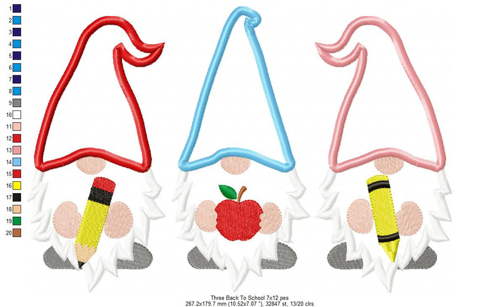 Three Back to School Gnomes - Applique - Machine Embroidery Design