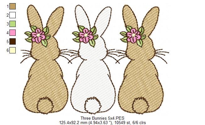 Easter Bunnies Back Trio - Sketch Stitch - Machine Embroidery Design
