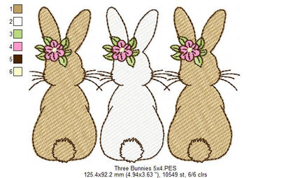 Easter Bunnies Back Trio - Sketch Stitch - Machine Embroidery Design