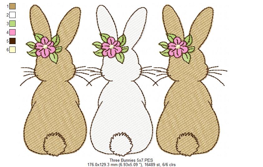 Easter Bunnies Back Trio - Sketch Stitch - Machine Embroidery Design