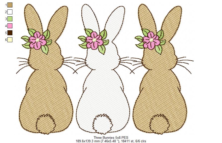 Easter Bunnies Back Trio - Sketch Stitch - Machine Embroidery Design