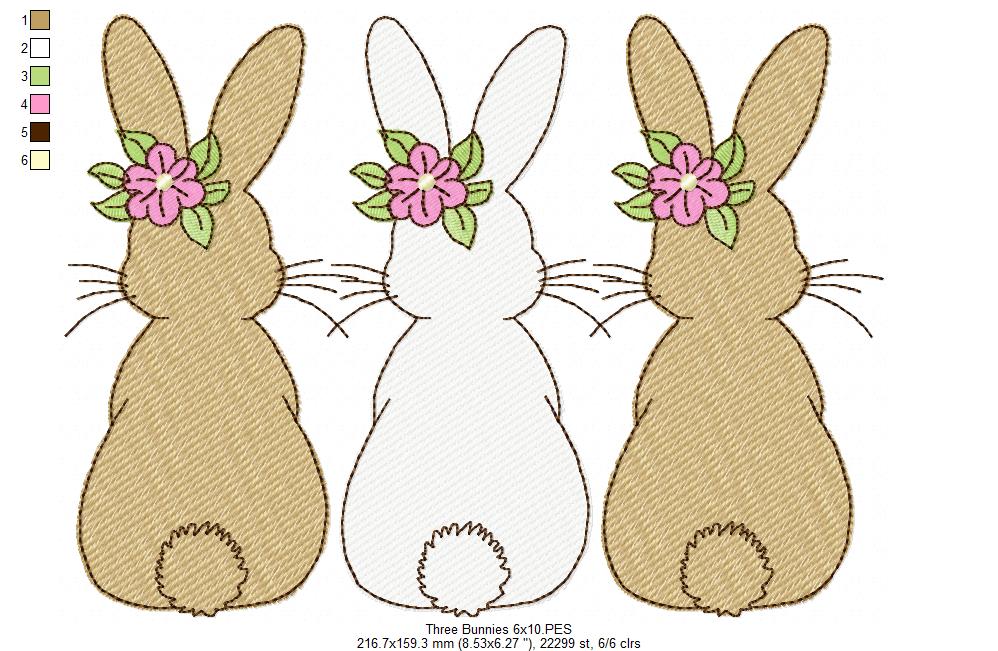 Easter Bunnies Back Trio - Sketch Stitch - Machine Embroidery Design