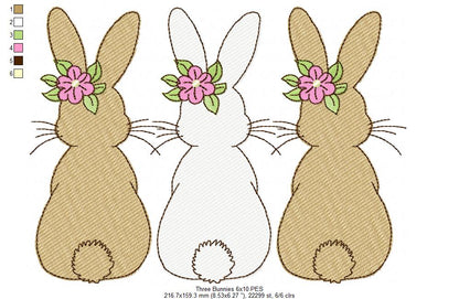 Easter Bunnies Back Trio - Sketch Stitch - Machine Embroidery Design