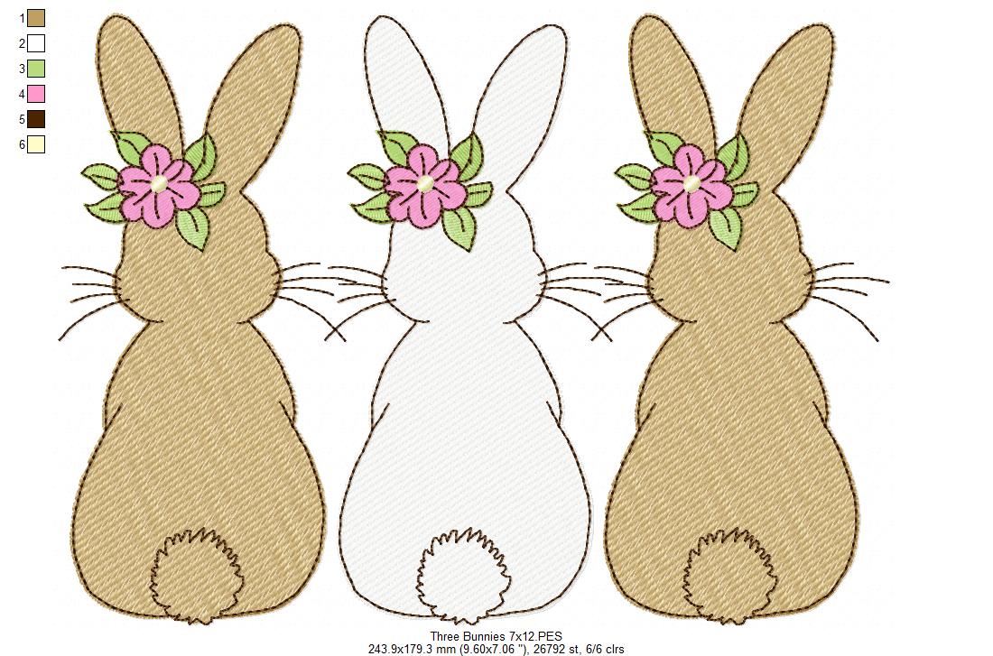 Easter Bunnies Back Trio - Sketch Stitch - Machine Embroidery Design