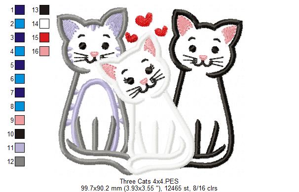 Three Cats - Applique - Machine Embroidery Design