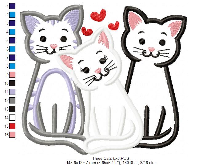 Three Cats - Applique - Machine Embroidery Design