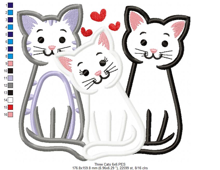 Three Cats - Applique - Machine Embroidery Design