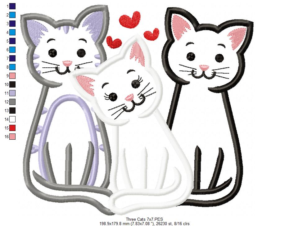 Three Cats - Applique - Machine Embroidery Design