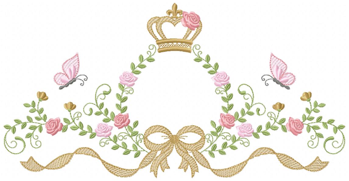 Princess Bloom Frame with Crown, Butterflies & Lovely Bow – Fill Stitch – Machine Embroidery Design