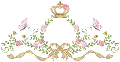 Princess Bloom Frame with Crown, Butterflies & Lovely Bow – Fill Stitch – Machine Embroidery Design