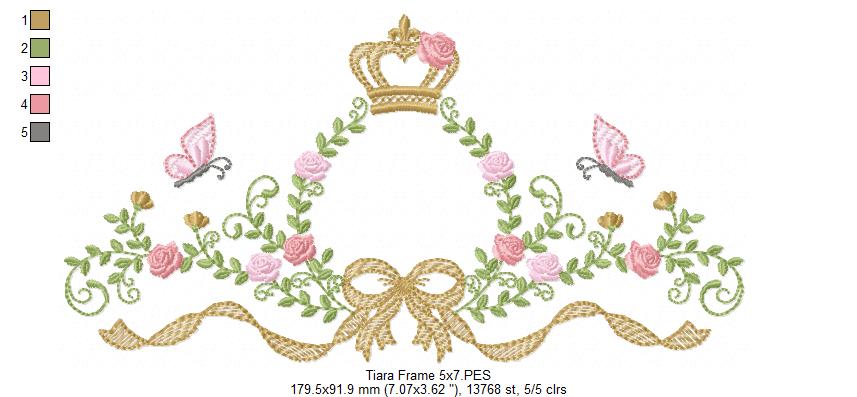 Princess Bloom Frame with Crown, Butterflies & Lovely Bow – Fill Stitch – Machine Embroidery Design