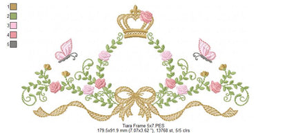 Princess Bloom Frame with Crown, Butterflies & Lovely Bow – Fill Stitch – Machine Embroidery Design