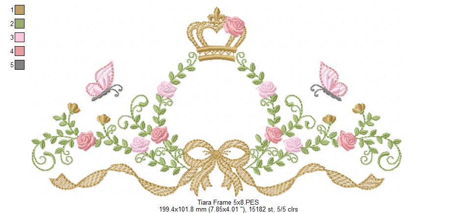 Princess Bloom Frame with Crown, Butterflies & Lovely Bow – Fill Stitch – Machine Embroidery Design