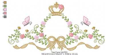 Princess Bloom Frame with Crown, Butterflies & Lovely Bow – Fill Stitch – Machine Embroidery Design