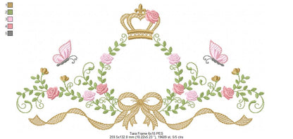 Princess Bloom Frame with Crown, Butterflies & Lovely Bow – Fill Stitch – Machine Embroidery Design