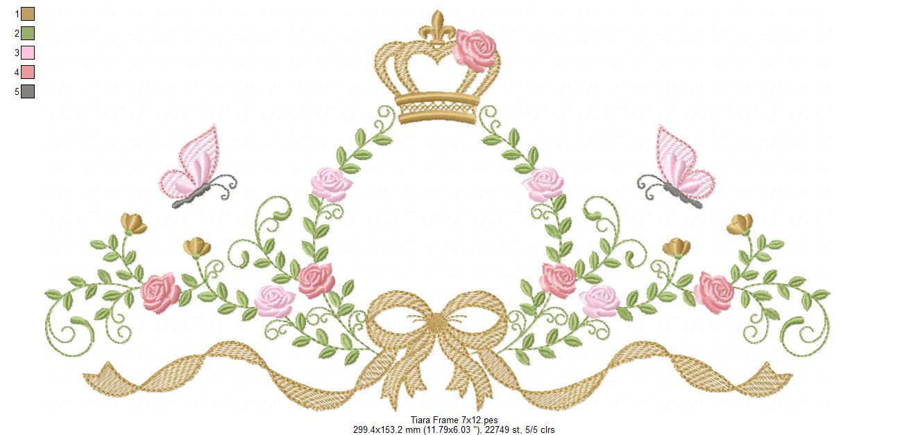 Princess Bloom Frame with Crown, Butterflies & Lovely Bow – Fill Stitch – Machine Embroidery Design