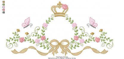 Princess Bloom Frame with Crown, Butterflies & Lovely Bow – Fill Stitch – Machine Embroidery Design