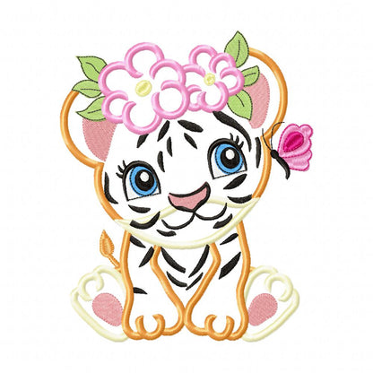 Sweet Tiger with Flowers – Appliqué & Fill Stitch – Machine Embroidery Design