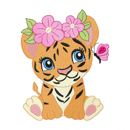 Sweet Tiger with Flowers – Appliqué & Fill Stitch – Machine Embroidery Design