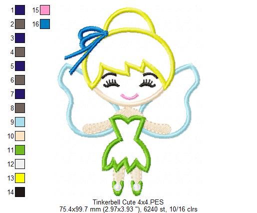 Fairy Tinkerbell Cute - Applique - Machine Embroidery Design