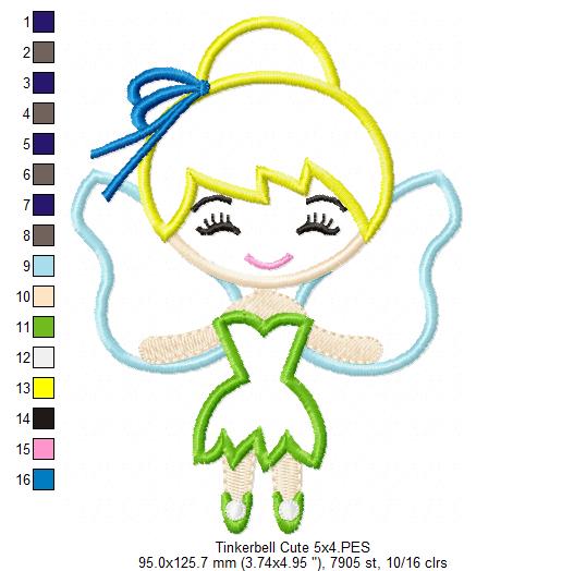 Fairy Tinkerbell Cute - Applique - Machine Embroidery Design