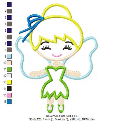 Fairy Tinkerbell Cute - Applique - Machine Embroidery Design