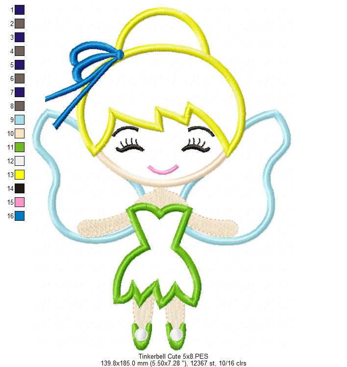 Fairy Tinkerbell Cute - Applique - Machine Embroidery Design