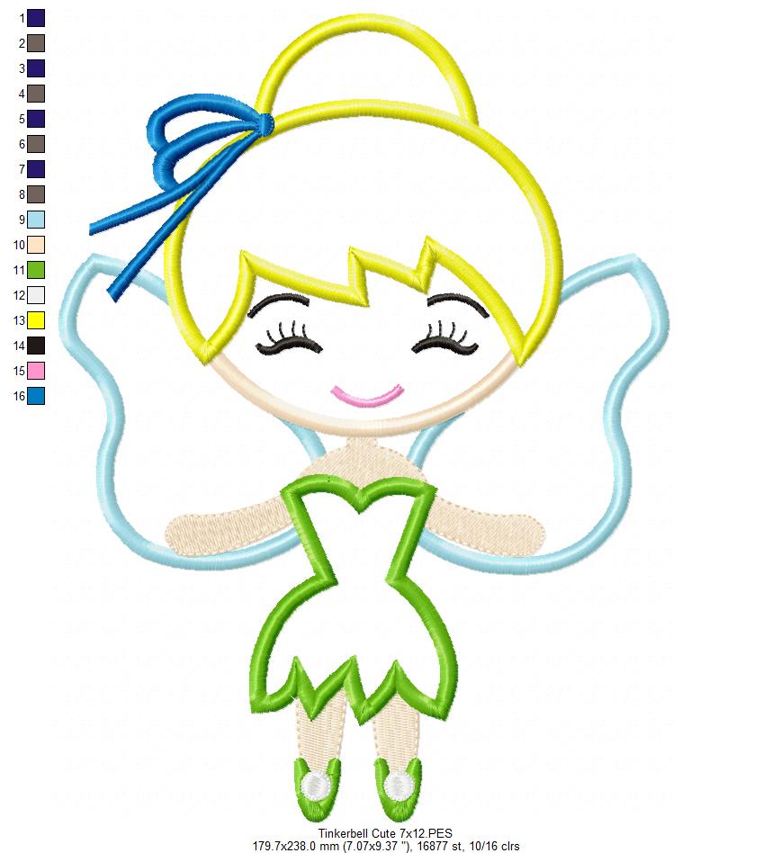 Fairy Tinkerbell Cute - Applique - Machine Embroidery Design