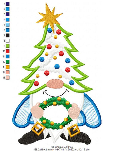 Christmas Tree Gnome  - Applique - Machine Embroidery Design