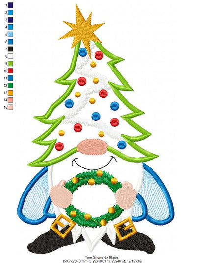 Christmas Tree Gnome  - Applique - Machine Embroidery Design