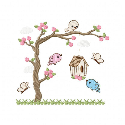Tree and Birds - Fill Stitch - Machine Embroidery Design