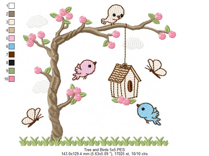 Tree and Birds - Fill Stitch - Machine Embroidery Design