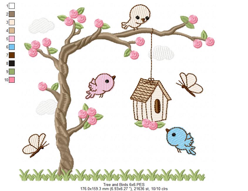 Tree and Birds - Fill Stitch - Machine Embroidery Design