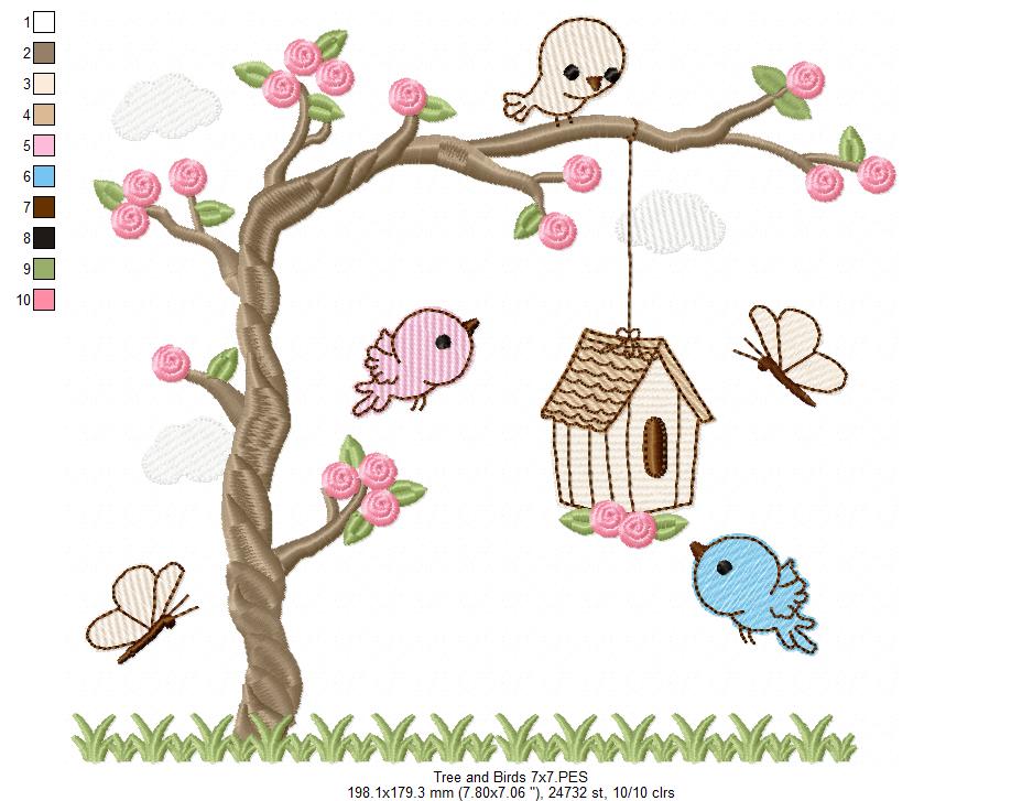 Tree and Birds - Fill Stitch - Machine Embroidery Design