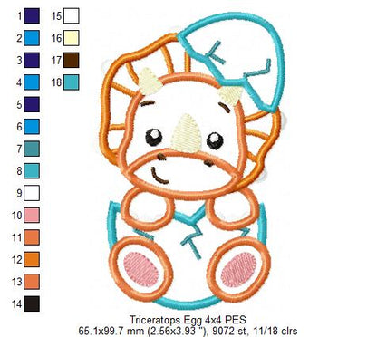 Baby Triceratops in the Egg - Applique - Machine Embroidery Design