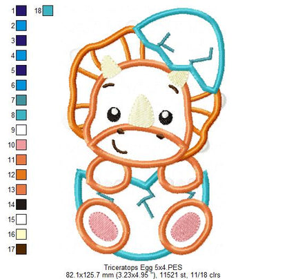 Baby Triceratops in the Egg - Applique - Machine Embroidery Design