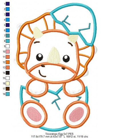 Baby Triceratops in the Egg - Applique - Machine Embroidery Design