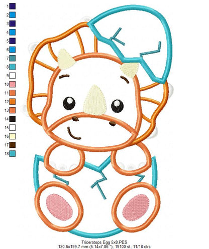 Baby Triceratops in the Egg - Applique - Machine Embroidery Design