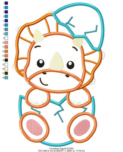 Baby Triceratops in the Egg - Applique - Machine Embroidery Design