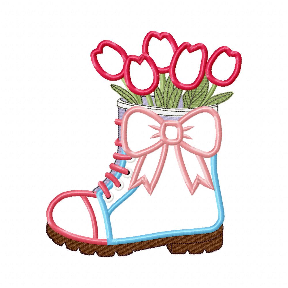 Tulips in a Boot Vase - Applique - Machine Embroidery Design