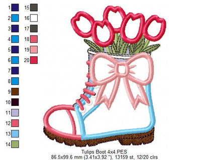 Tulips in a Boot Vase - Applique - Machine Embroidery Design