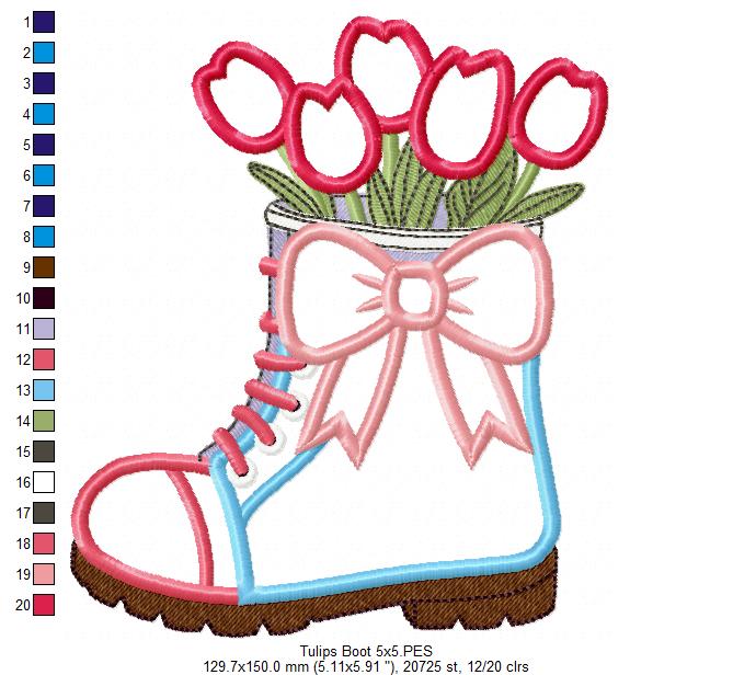 Tulips in a Boot Vase - Applique - Machine Embroidery Design