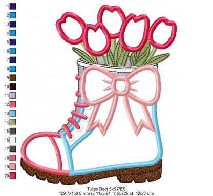 Tulips in a Boot Vase - Applique - Machine Embroidery Design