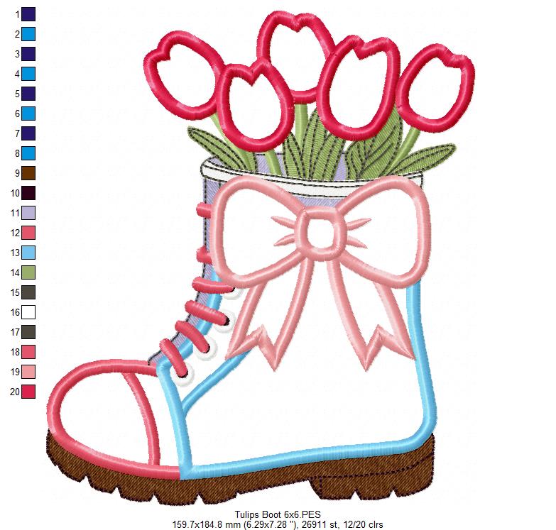 Tulips in a Boot Vase - Applique - Machine Embroidery Design