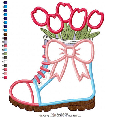 Tulips in a Boot Vase - Applique - Machine Embroidery Design